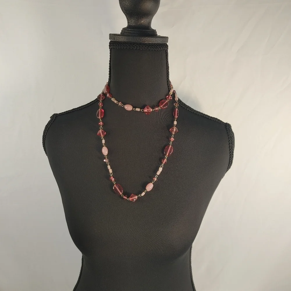 Boho Beaded Necklace Bundle Long Statement Pink Glass + Multicolor Charm